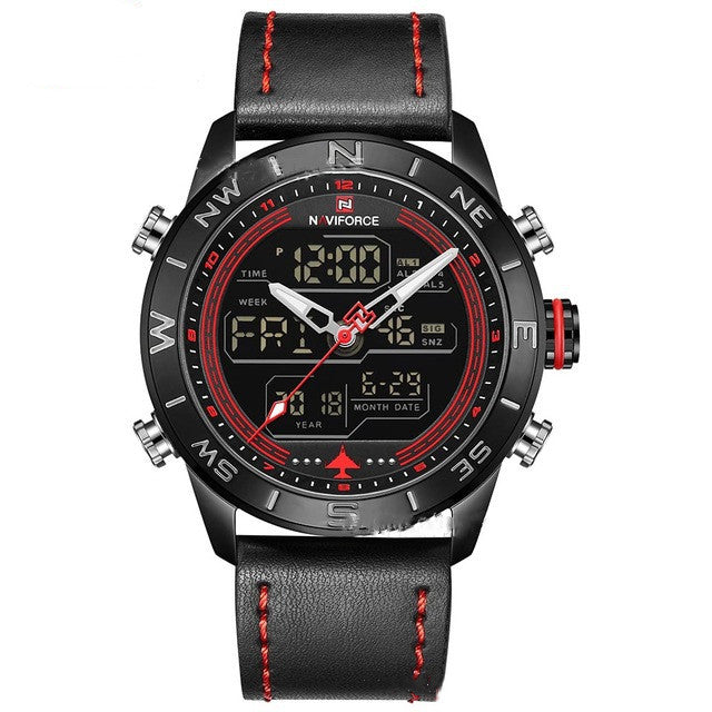 NAVIFORCE 9144 Men's Sport Watch | LED Analog Digital Leather Quartz Wristwatch