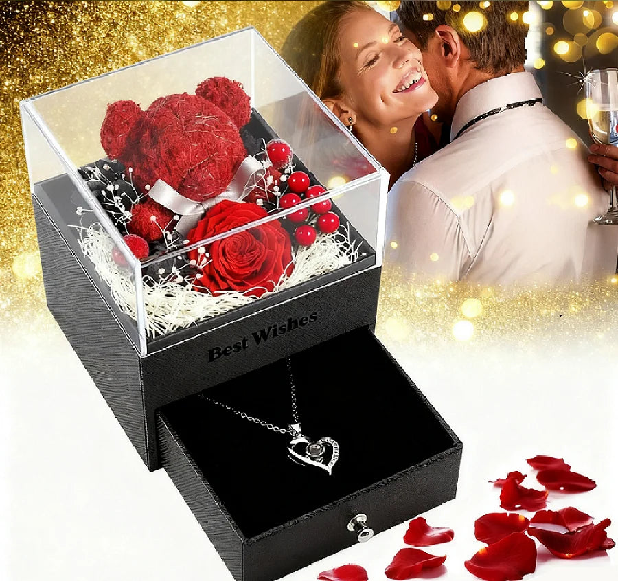 Preserved Red Real Rose with I Love You Necklace in 100 Languages -Eternal Flowers Rose Gifts for Mom Wife Girlfriend Her on Christmas Valentines Day Mothers Day Anniversary Birthday Gifts for Women