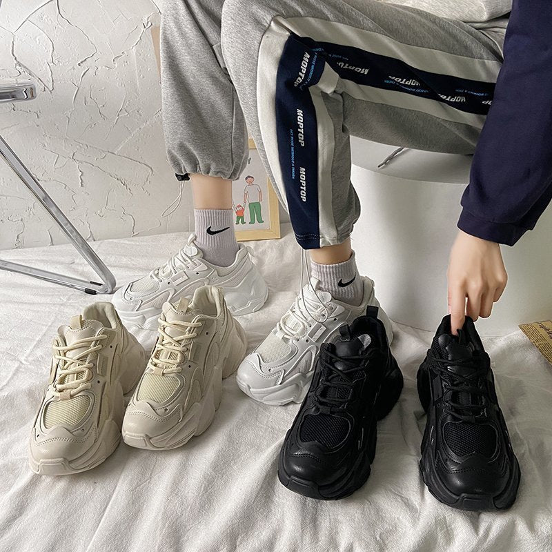 Women's Korean Platform Sneakers | Breathable PU Cross-Strap Casual Shoes