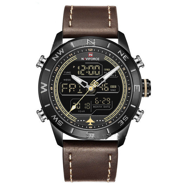 NAVIFORCE 9144 Men's Sport Watch | LED Analog Digital Leather Quartz Wristwatch