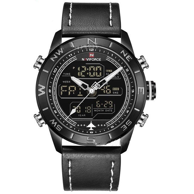 NAVIFORCE 9144 Men's Sport Watch | LED Analog Digital Leather Quartz Wristwatch